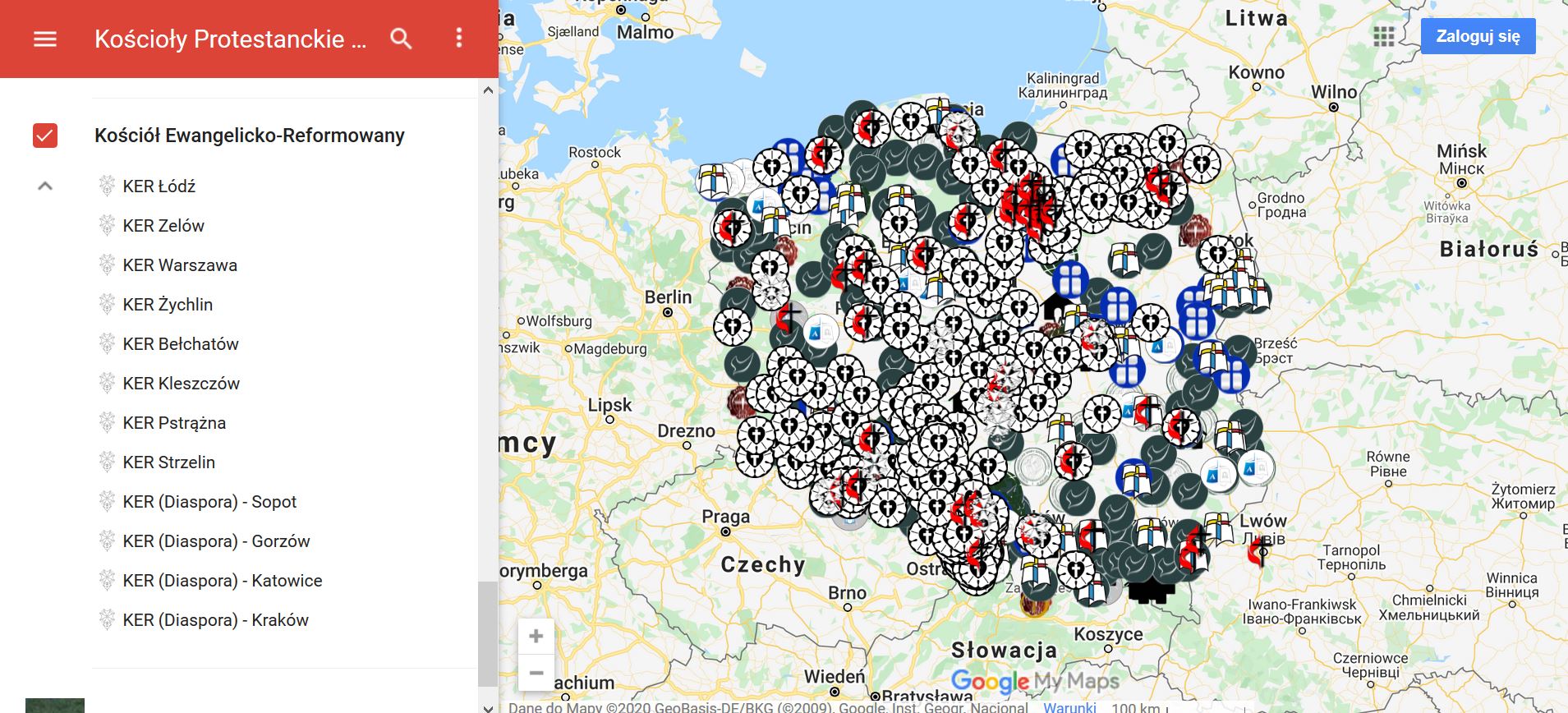 Mapa kosciolow protestanckich w Polsce